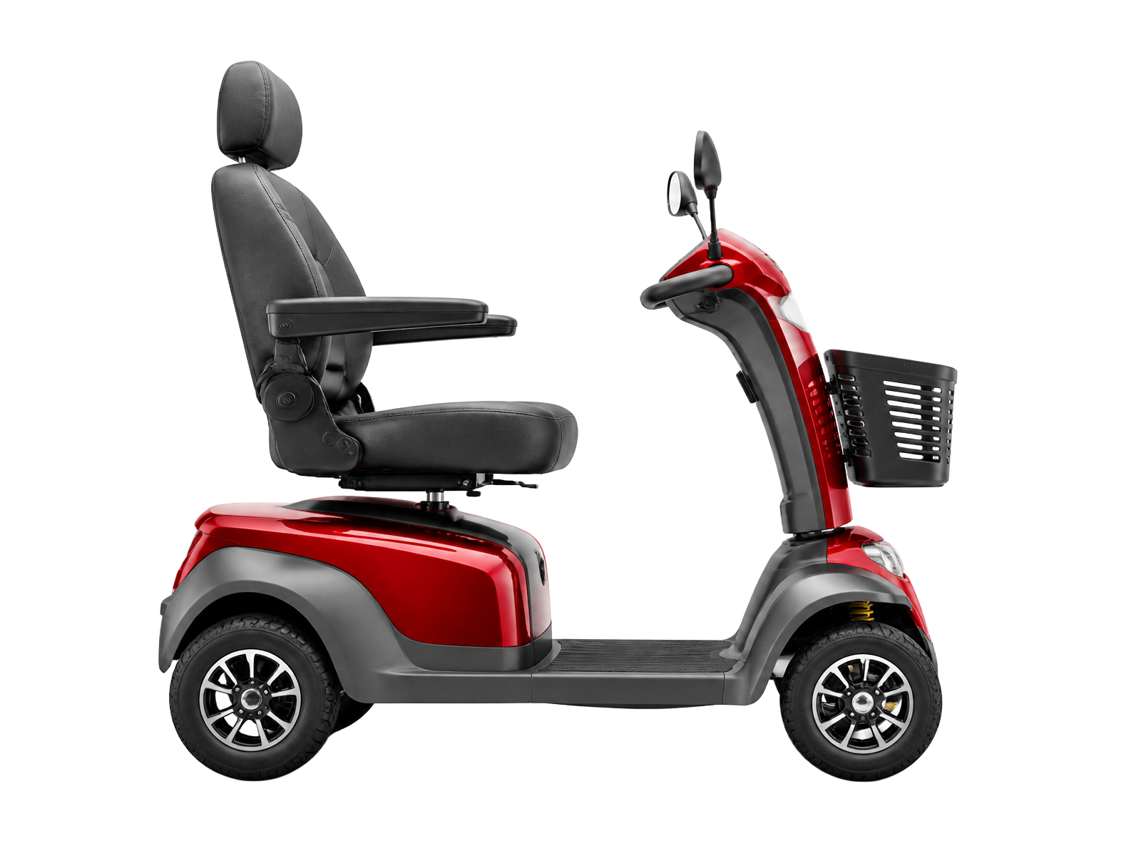 Modern red four-wheel mobility scooter with padded seat and front basket