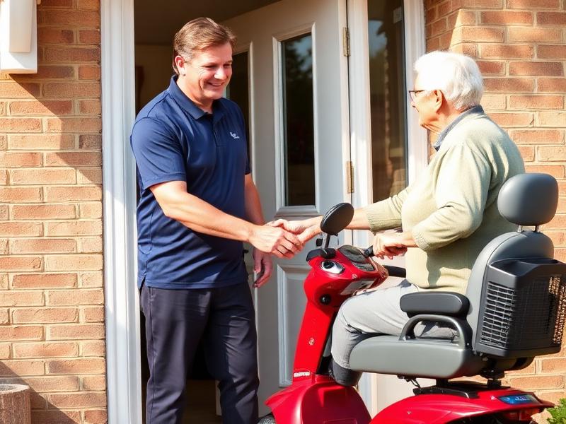 Dealer shaking hands with customer beside a red mobility scooter
